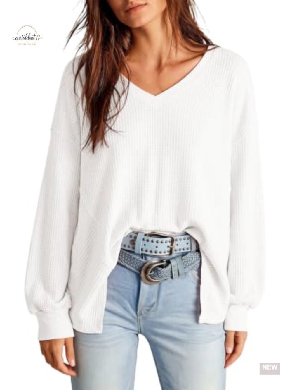 Waffle Knit Oversized Long Sleeve Top V-Neck Raw Seam Pullover